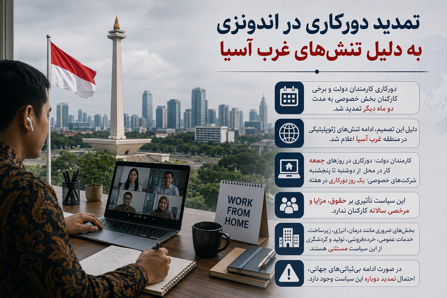 تمدید دور کاری در اندونزی به‌ دلیل تنش‌های غرب آسیا